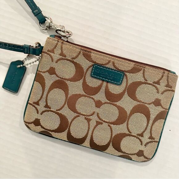 Coach Signature Logo Zippered Wristlet‎ Women's Teal Brown Canvas Vintage Y2K - Picture 1 of 5